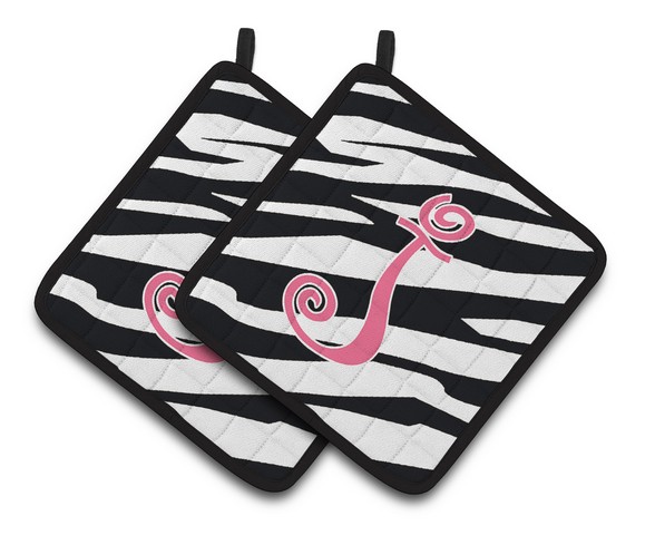CJ1037-JPTHD Monogram Initial J Zebra Stripe & Pink Pair of Pot Holders, 7.5 x 3 x 7.5 in.