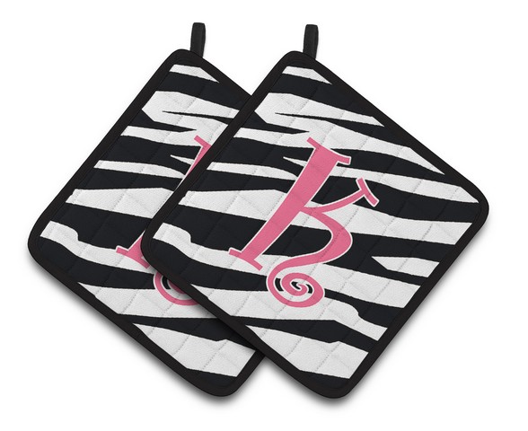 CJ1037-KPTHD Monogram Initial K Zebra Stripe & Pink Pair of Pot Holders, 7.5 x 3 x 7.5 in.