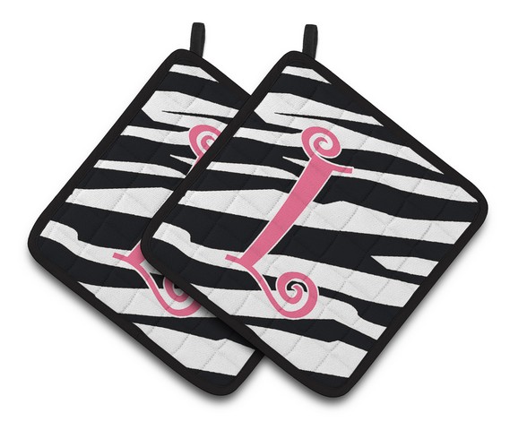 CJ1037-LPTHD Monogram Initial L Zebra Stripe & Pink Pair of Pot Holders, 7.5 x 3 x 7.5 in.