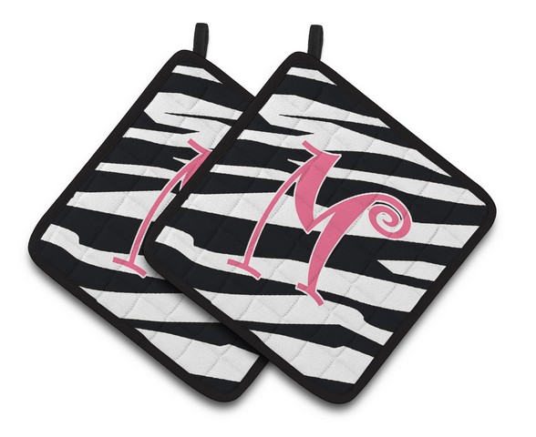 CJ1037-MPTHD Monogram Initial M Zebra Stripe & Pink Pair of Pot Holders, 7.5 x 3 x 7.5 in.