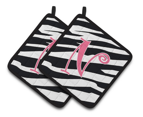 CJ1037-NPTHD Monogram Initial N Zebra Stripe & Pink Pair of Pot Holders, 7.5 x 3 x 7.5 in.
