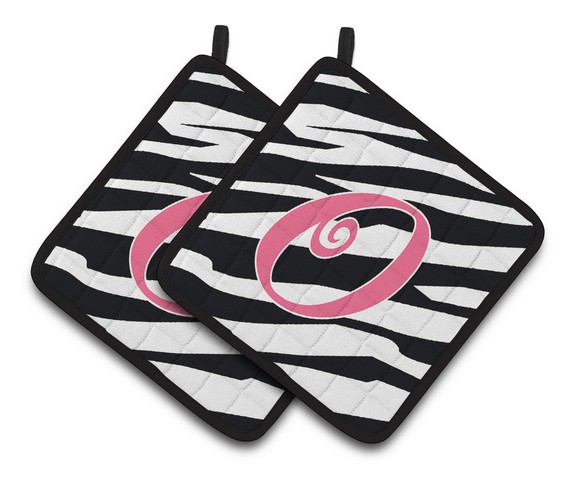 CJ1037-OPTHD Monogram Initial O Zebra Stripe & Pink Pair of Pot Holders, 7.5 x 3 x 7.5 in.