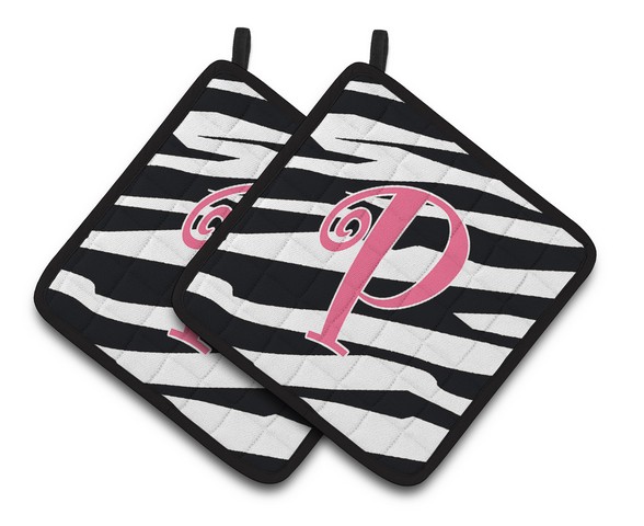 CJ1037-PPTHD Monogram Initial P Zebra Stripe & Pink Pair of Pot Holders, 7.5 x 3 x 7.5 in.