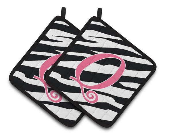 CJ1037-QPTHD Monogram Initial Q Zebra Stripe & Pink Pair of Pot Holders, 7.5 x 3 x 7.5 in.