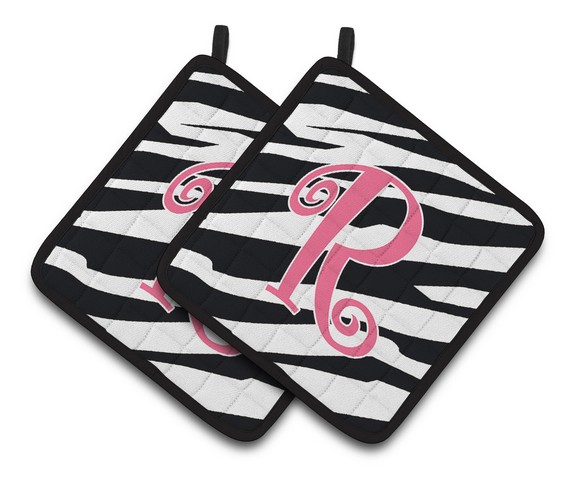 CJ1037-RPTHD Monogram Initial R Zebra Stripe & Pink Pair of Pot Holders, 7.5 x 3 x 7.5 in.