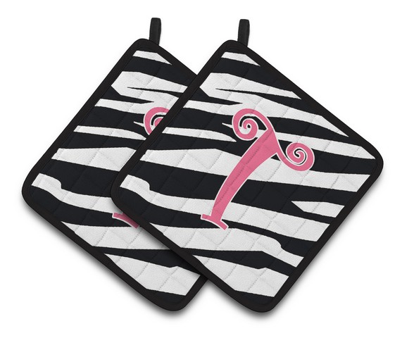 CJ1037-TPTHD Monogram Initial T Zebra Stripe & Pink Pair of Pot Holders, 7.5 x 3 x 7.5 in.