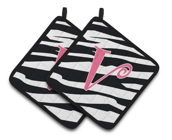 CJ1037-VPTHD Monogram Initial V Zebra Stripe & Pink Pair of Pot Holders, 7.5 x 3 x 7.5 in.