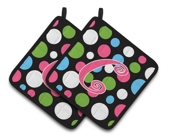 CJ1038-CPTHD Monogram Initial C Polkadots & Pink Pair of Pot Holders, 7.5 x 3 x 7.5 in.