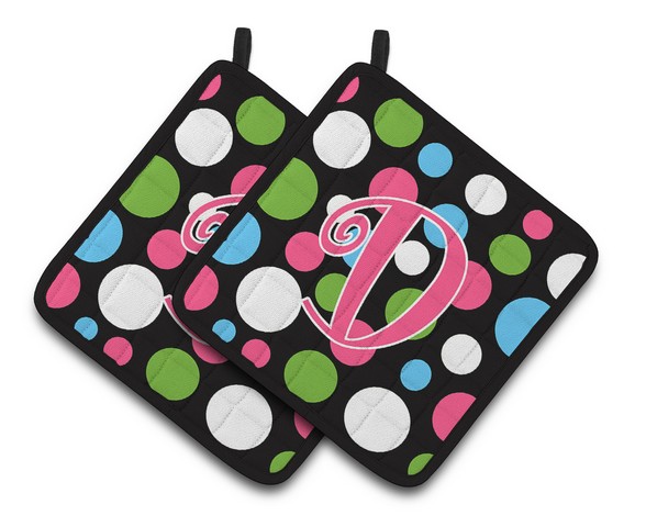 CJ1038-DPTHD Monogram Initial D Polkadots & Pink Pair of Pot Holders, 7.5 x 3 x 7.5 in.