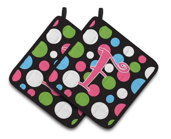 CJ1038-FPTHD Monogram Initial F Polkadots & Pink Pair of Pot Holders, 7.5 x 3 x 7.5 in.