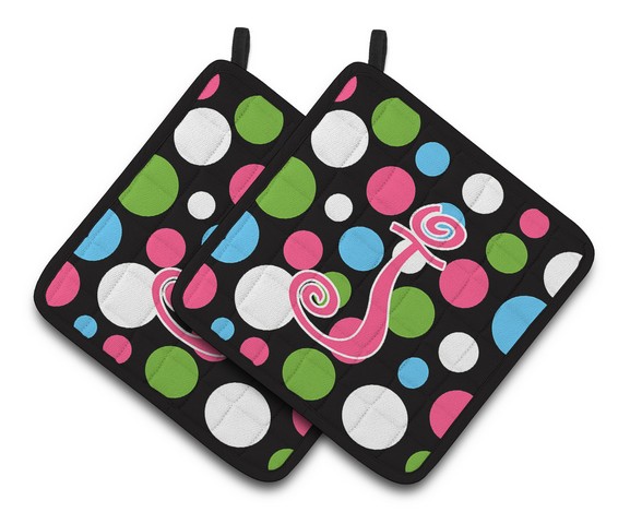 CJ1038-JPTHD Monogram Initial J Polkadots & Pink Pair of Pot Holders, 7.5 x 3 x 7.5 in.
