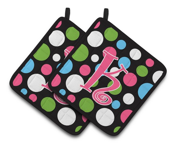 CJ1038-KPTHD Monogram Initial K Polkadots & Pink Pair of Pot Holders, 7.5 x 3 x 7.5 in.