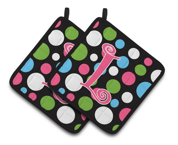 CJ1038-LPTHD Monogram Initial L Polkadots & Pink Pair of Pot Holders, 7.5 x 3 x 7.5 in.