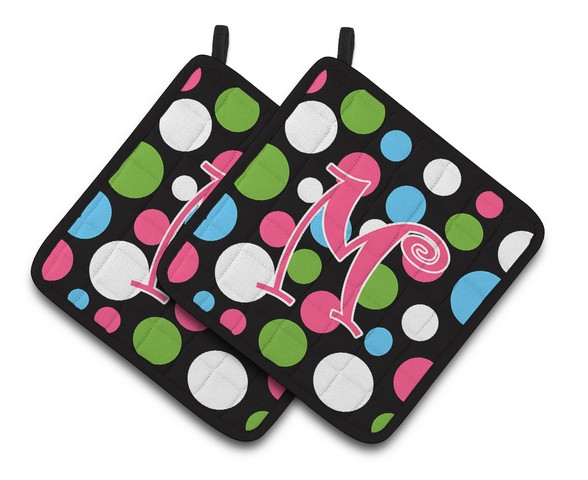 CJ1038-MPTHD Monogram Initial M Polkadots & Pink Pair of Pot Holders, 7.5 x 3 x 7.5 in.