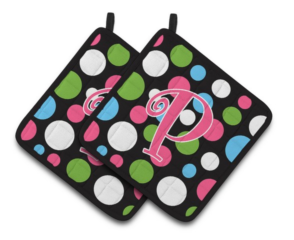 CJ1038-PPTHD Monogram Initial P Polkadots & Pink Pair of Pot Holders, 7.5 x 3 x 7.5 in.