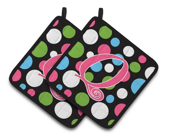 CJ1038-QPTHD Monogram Initial Q Polkadots & Pink Pair of Pot Holders, 7.5 x 3 x 7.5 in.