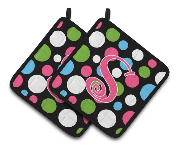 CJ1038-SPTHD Monogram Initial S Polkadots & Pink Pair of Pot Holders, 7.5 x 3 x 7.5 in.