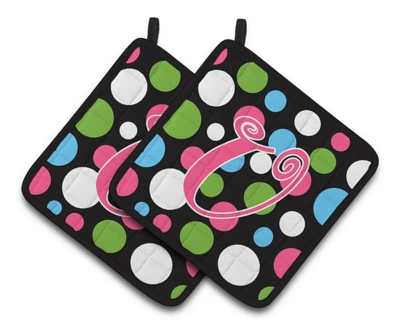 CJ1038-UPTHD Monogram Initial U Polkadots & Pink Pair of Pot Holders, 7.5 x 3 x 7.5 in.