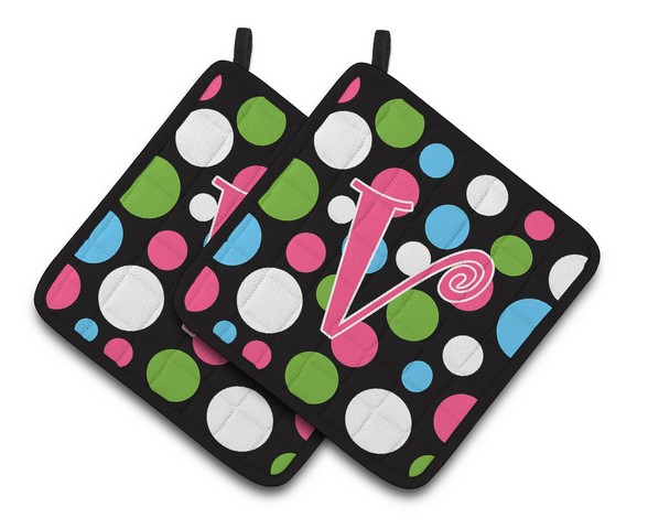 CJ1038-VPTHD Monogram Initial V Polkadots & Pink Pair of Pot Holders, 7.5 x 3 x 7.5 in.