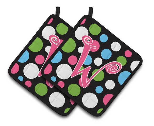 CJ1038-WPTHD Monogram Initial W Polkadots & Pink Pair of Pot Holders, 7.5 x 3 x 7.5 in.