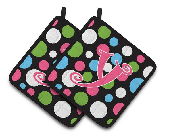 CJ1038-YPTHD Monogram Initial Y Polkadots & Pink Pair of Pot Holders, 7.5 x 3 x 7.5 in.