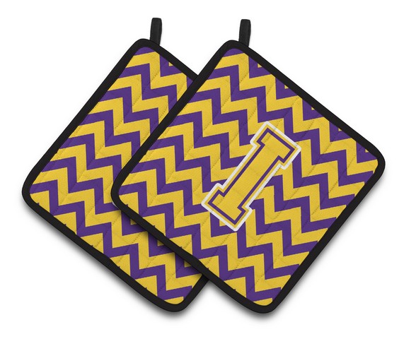 Letter I Chevron Purple & Gold Pair of Pot Holders