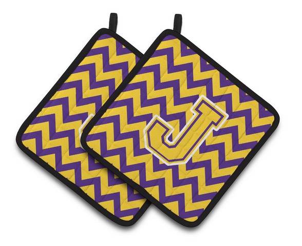 Letter J Chevron Purple & Gold Pair of Pot Holders