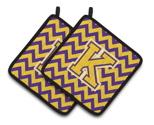 Letter K Chevron Purple & Gold Pair of Pot Holders