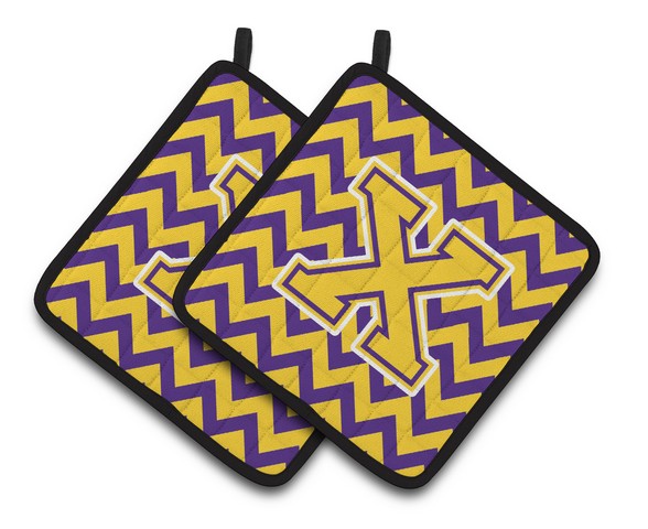Letter X Chevron Purple & Gold Pair of Pot Holders
