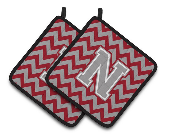 Letter N Chevron Crimson & Grey Pair of Pot Holders