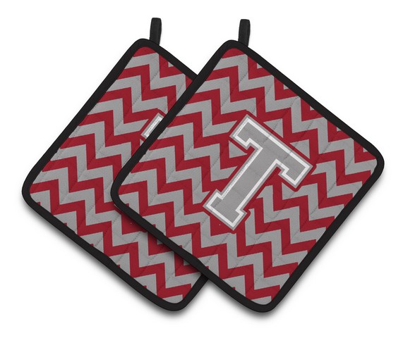 Letter T Chevron Crimson & Grey Pair of Pot Holders