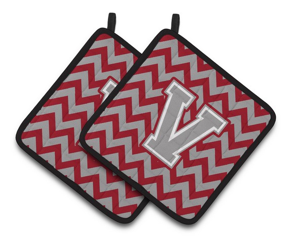Letter V Chevron Crimson & Grey Pair of Pot Holders
