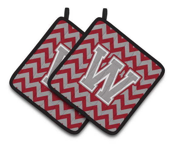 Letter W Chevron Crimson & Grey Pair of Pot Holders