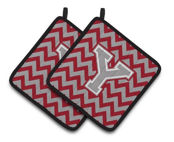 Letter Y Chevron Crimson & Grey Pair of Pot Holders