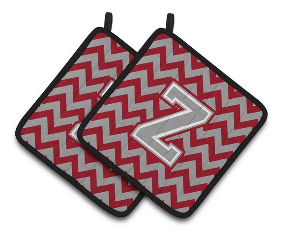 Letter Z Chevron Crimson & Grey Pair of Pot Holders