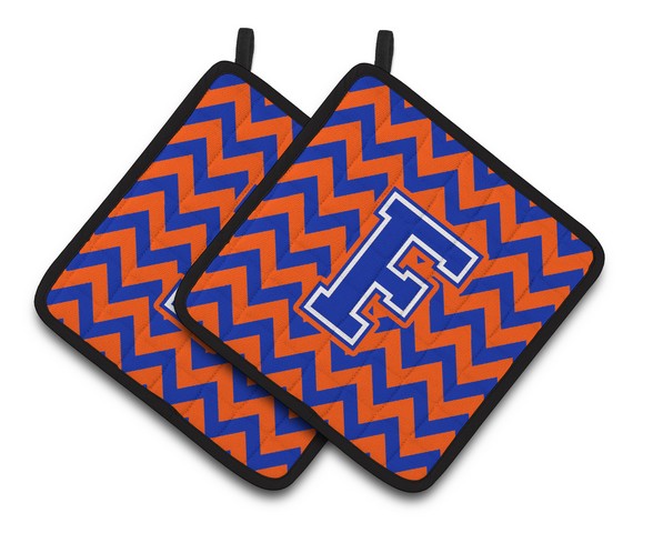 Letter F Chevron Orange & Blue Pair of Pot Holders