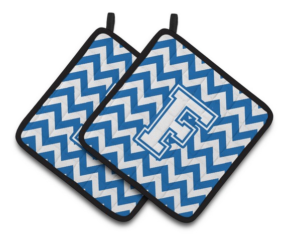 Letter F Chevron Blue & White Pair of Pot Holders - 7.5 x 3 x 7.5 in.