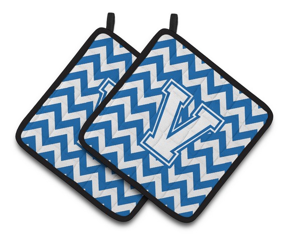Letter V Chevron Blue & White Pair of Pot Holders