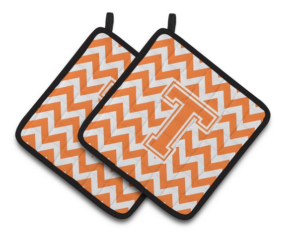 Letter T Chevron Orange & White Pair of Pot Holders