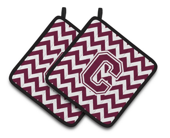 Letter C Chevron Maroon & White Pair of Pot Holders