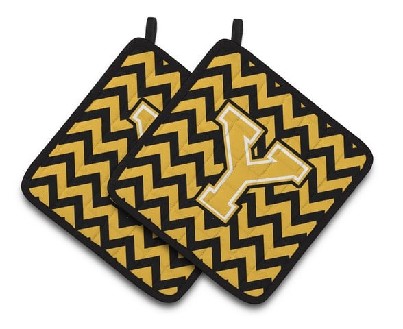 CJ1053-YPTHD Letter Y Chevron Black & Gold Pair of Pot Holders, 7.5 x 3 x 7.5 in.