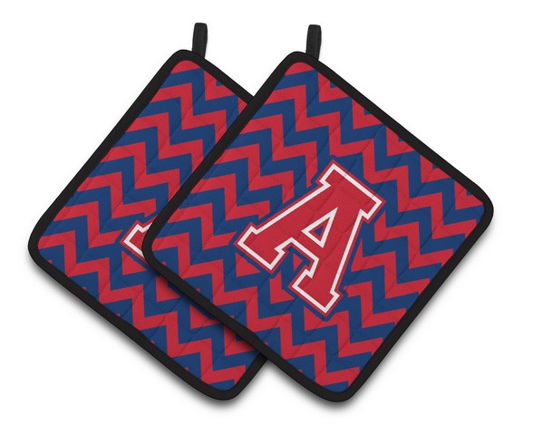 CJ1054-APTHD Letter A Chevron Yale Blue & Crimson Pair of Pot Holders, 7.5 x 3 x 7.5 in.