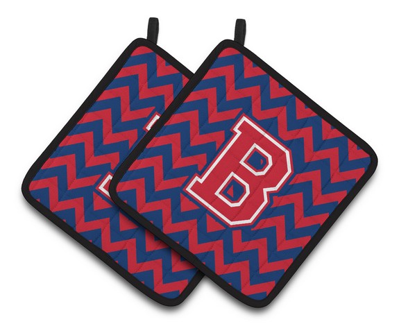 Letter B Chevron Yale Blue & Crimson Pair of Pot Holders