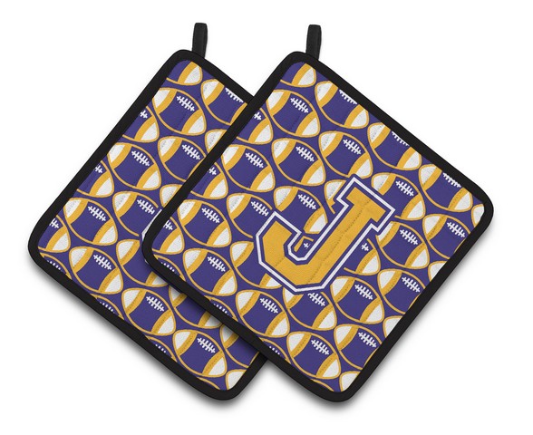 Picture of Carolines Treasures CJ1064-JPTHD Letter J Football Purple & Gold Pair of Pot Holders, 7.5 x 3 x 7.5 in.