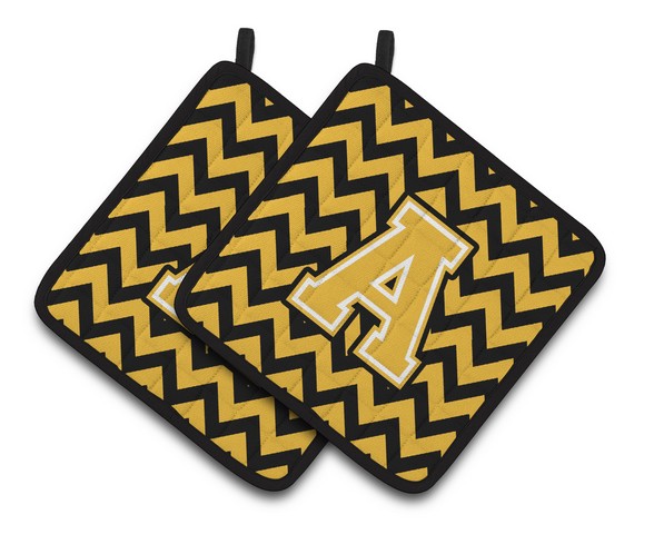 CJ1053-APTHD Letter A Chevron Black & Gold Pair of Pot Holders, 7.5 x 3 x 7.5 in.