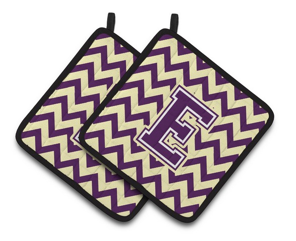 Letter E Chevron Purple & Gold Pair of Pot Holders