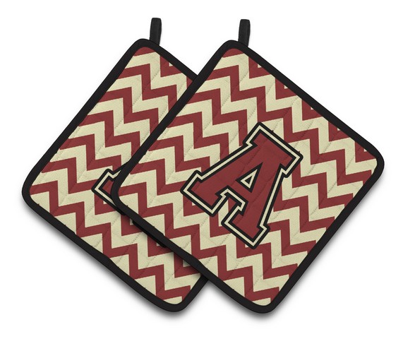 Letter A Chevron Maroon & Gold Pair of Pot Holders