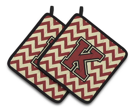 Letter K Chevron Maroon & Gold Pair of Pot Holders