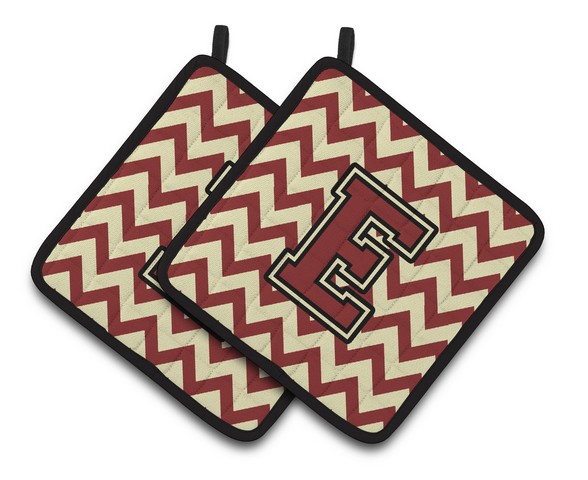Letter E Chevron Maroon & Gold Pair of Pot Holders