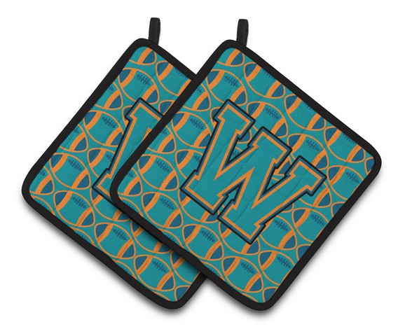 CJ1063-WPTHD Letter W Football Aqua, Orange & Marine Blue Pair of Pot Holders, 7.5 x 3 x 7.5 in.